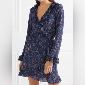 PALOMA BLUE Fiesta Wrap Ruffle Stars Print Silk Dress Small
